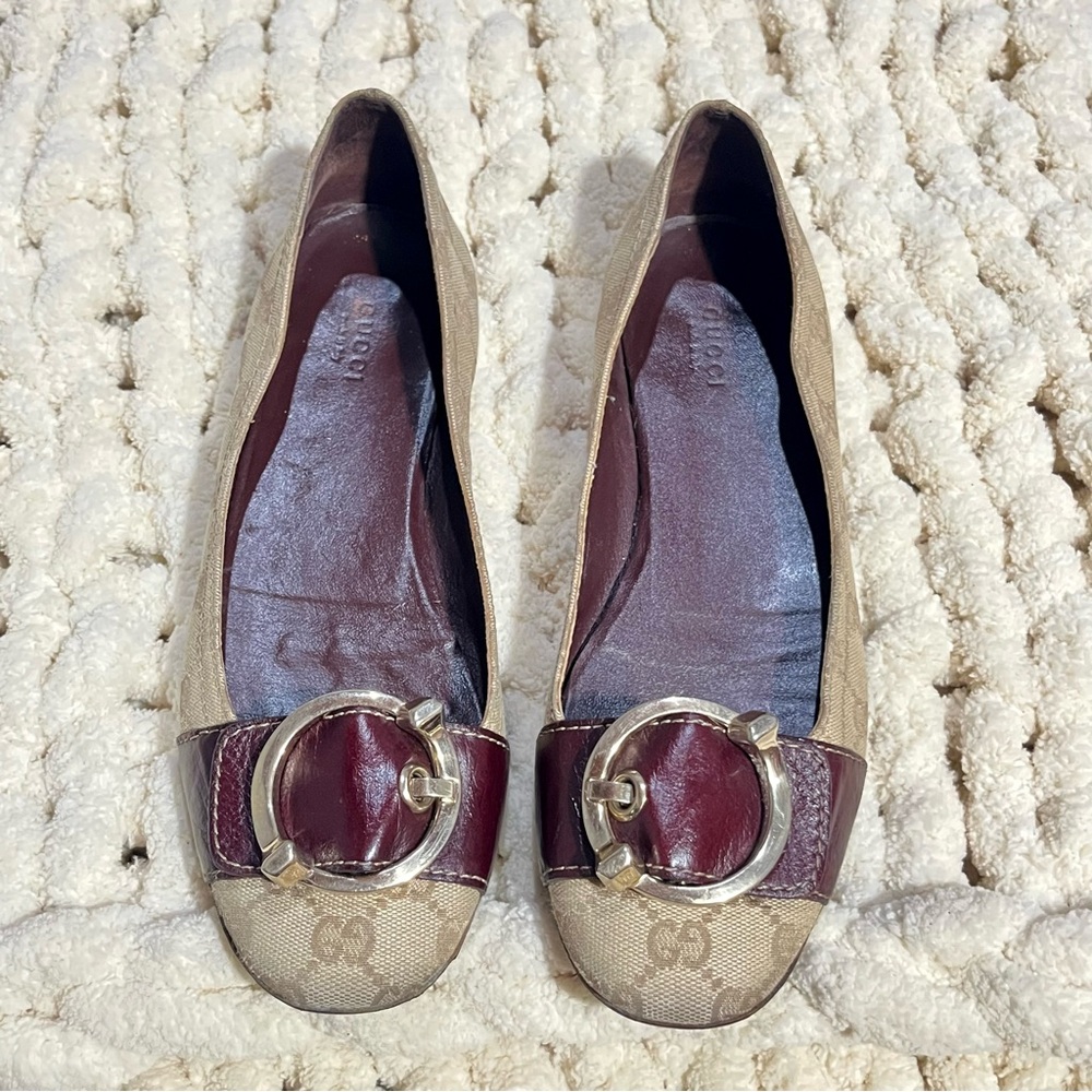 Gucci Brown Leather and GG Monogram Logo Canvas Buckle Detail Ballet Flats - Picture 2 of 8